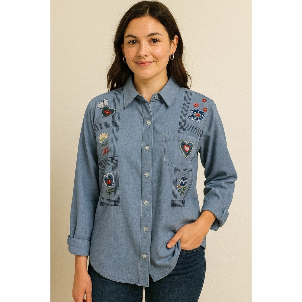 Stephanie‎ K By Koret Womens Blouse Blue Medium Roll Tab Sleeve Embroidery Heart